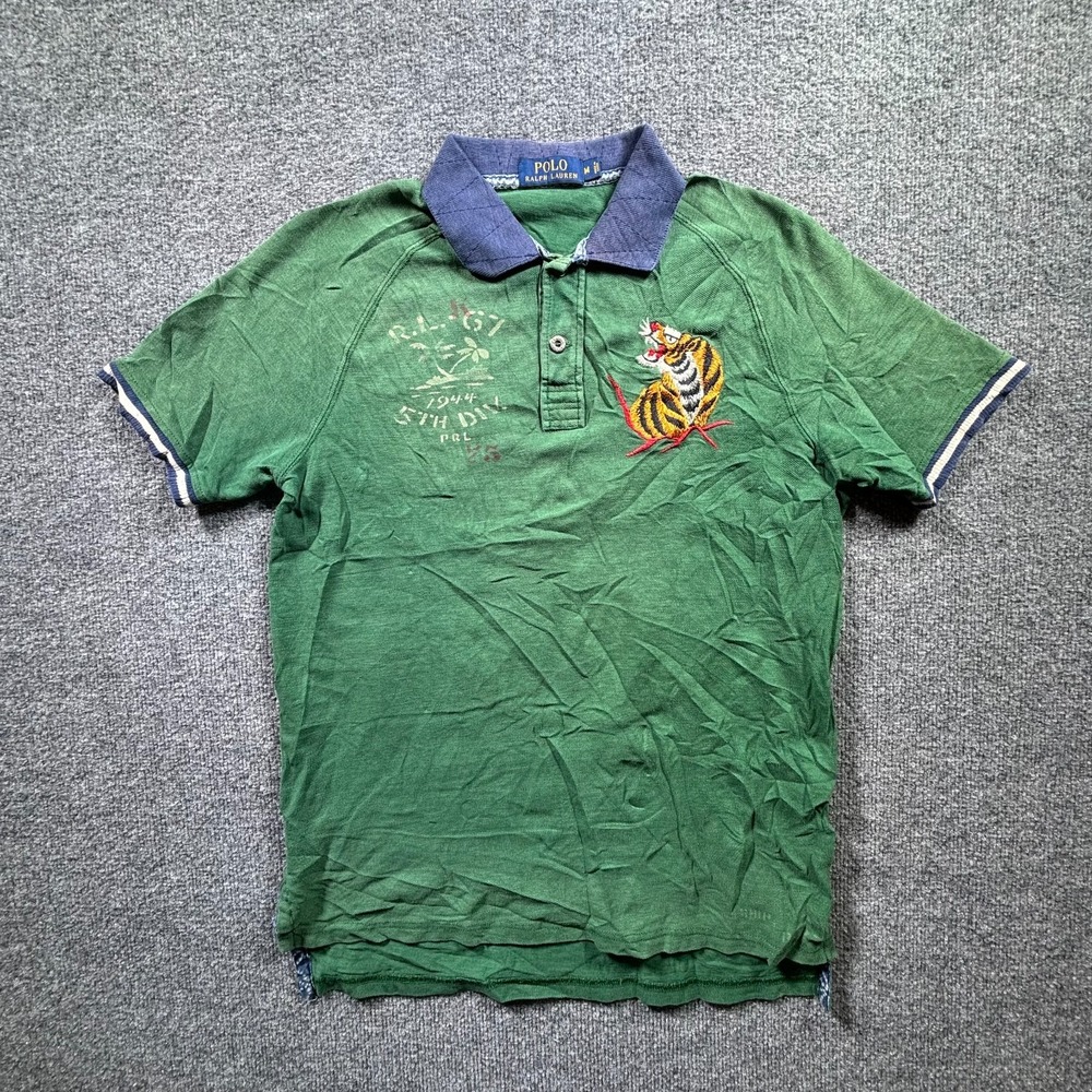 Polo Ralph Lauren Polo Shirt Mens Medium Green 5th Div Military Tiger Hawaii Map